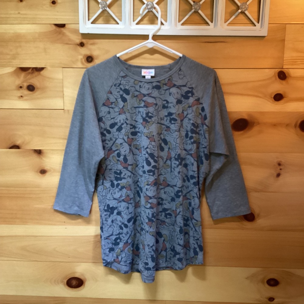 LulaRoe Disney Mickey Mouse Randy Raglan Baseball Tee Grey 3/4 Sleeve Large